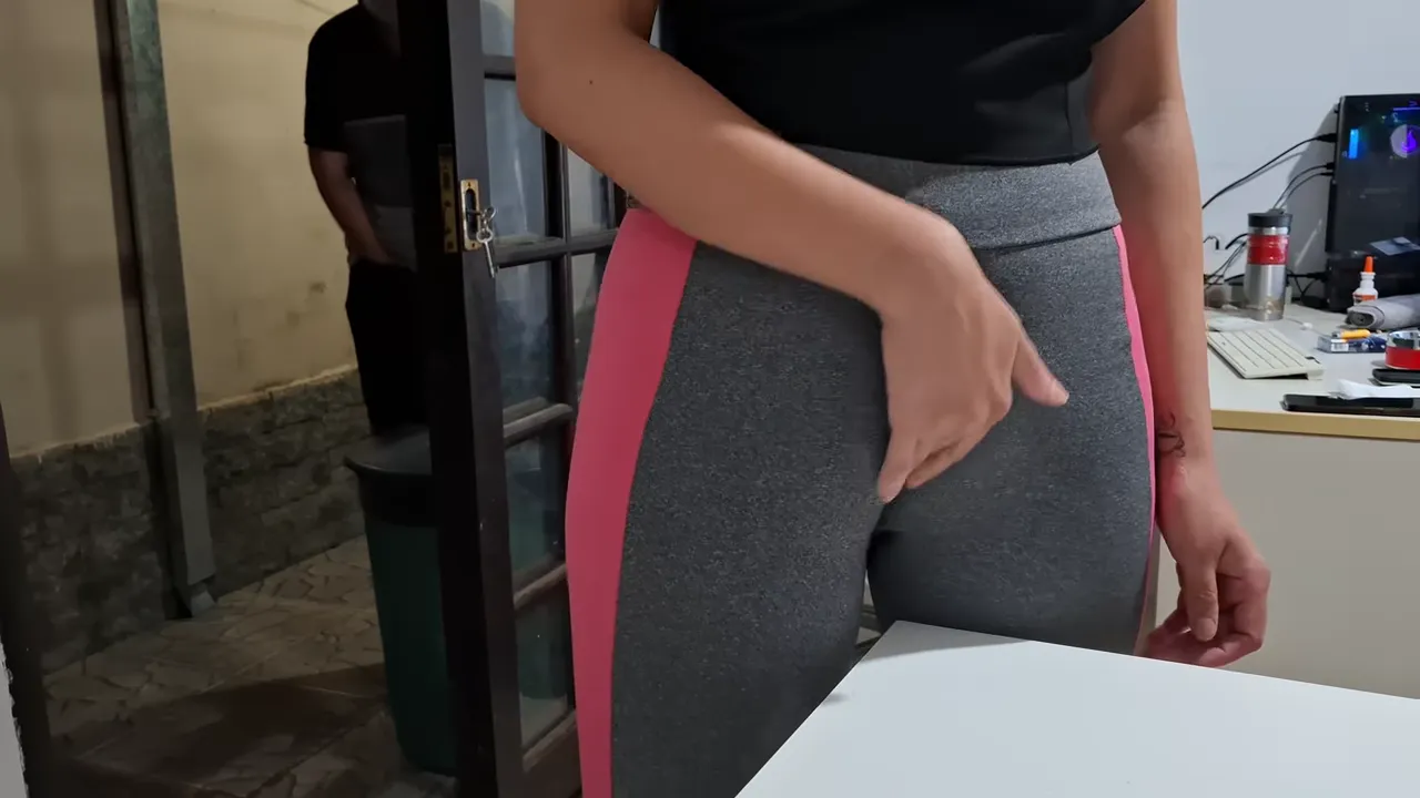 Girl Masturbates Camel Toe On Table With Neighbor